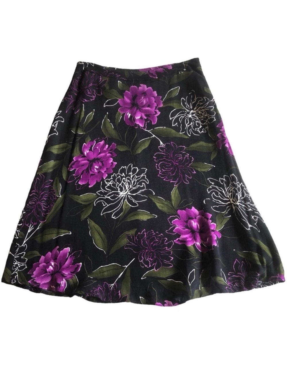 Jones Wear Black Purple Floral A-line Flare Midi Skirt Lined High Waist